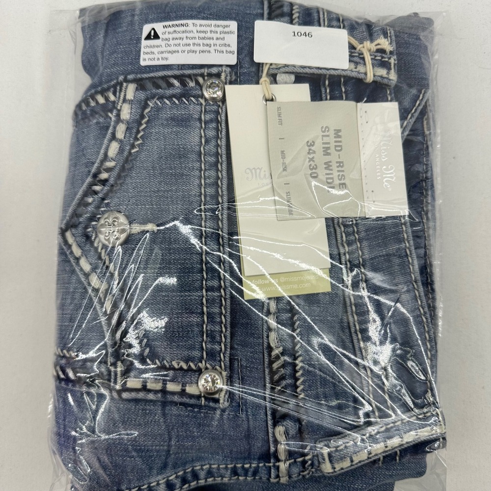 Miss Me Mid Rise Slim Wide Jeans W34 L30 Y2K Bling Thick‎ Stitch Bootcut NWT - Picture 16 of 16